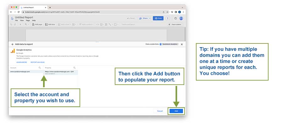 Screenshot of Looker Studio selecting analytics account