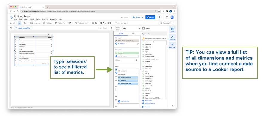 Screenshot of Looker Studio Session Metrics