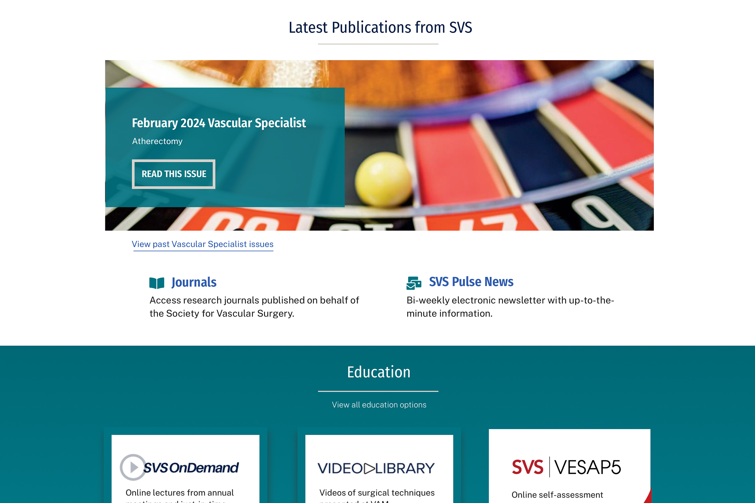 SVS homepage highlighting 3 journals and 3 othe rmember resources in a bold teal with graphic roulette wheel background