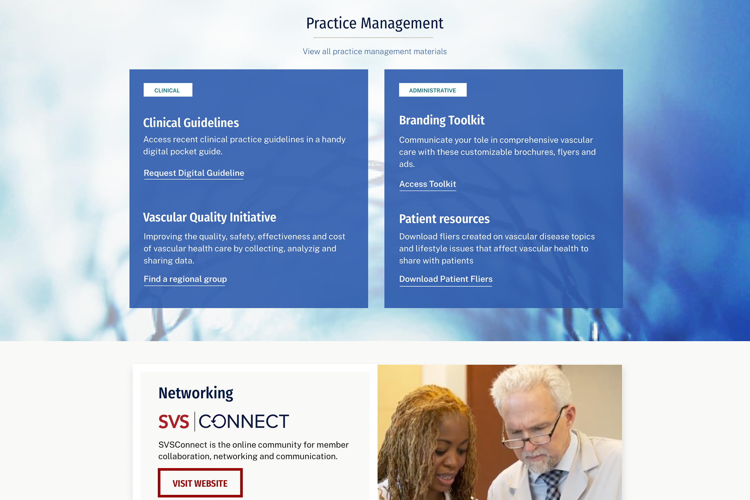 SVS home highlighting practice management resources with a blue textural background