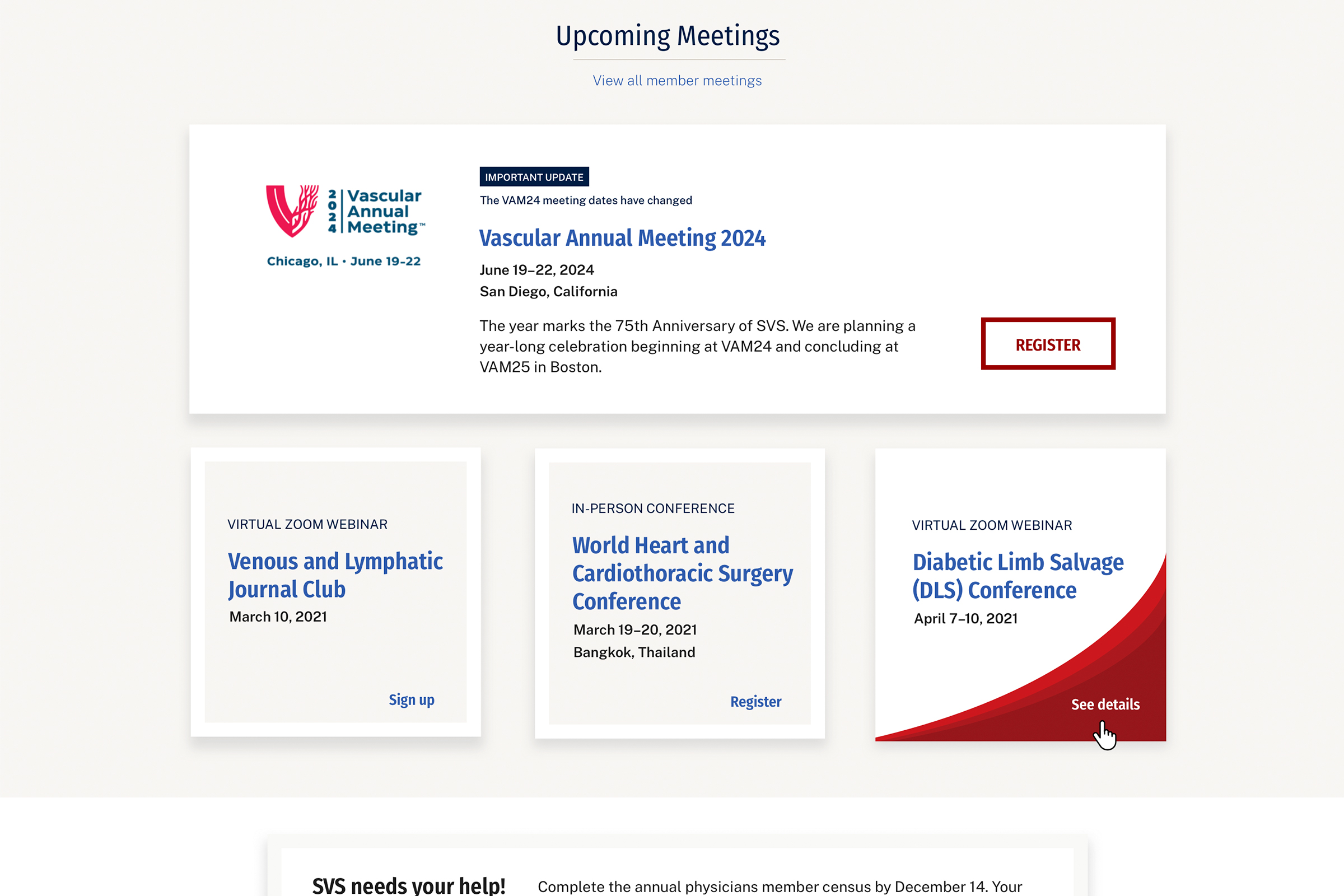 SVS homepage area highlighting upcoming meetings in blocks and a red swoosh hover state 