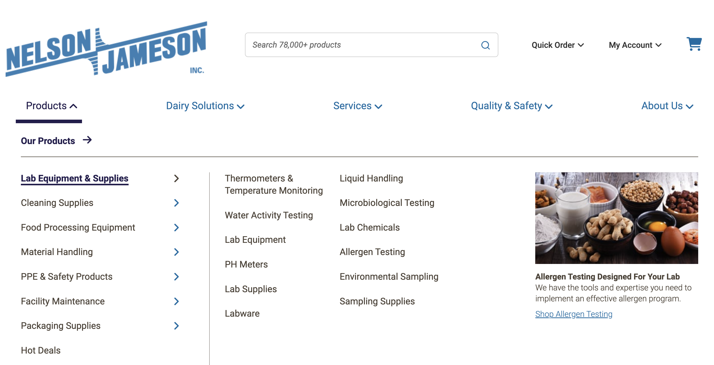screenshot of megamenu for Nelson-Jameson's website with products selected