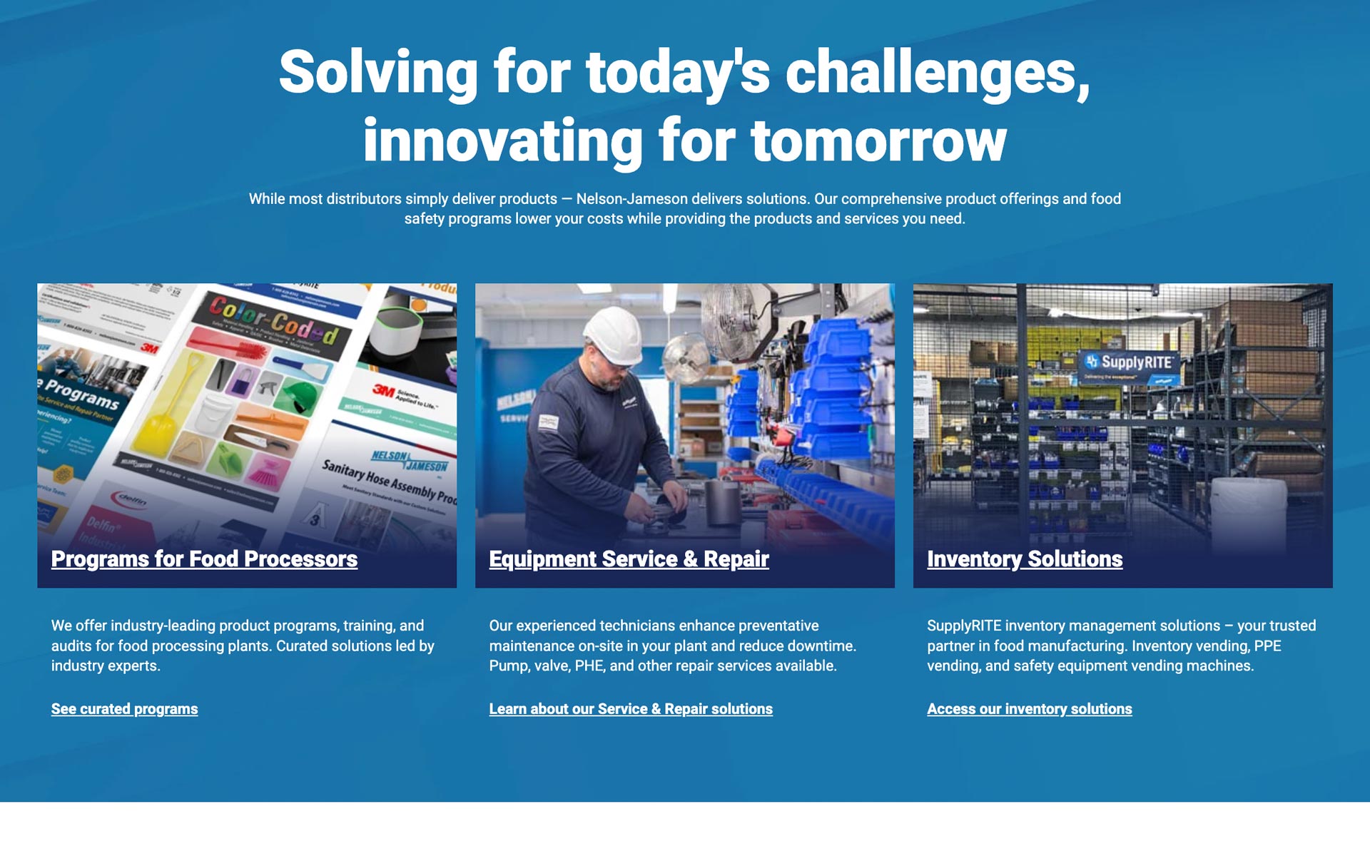 screenshot of Nelson-Jameson's website with headline "Solving for today's challenges, innovating for tomorrow' with three sections with links to learn more ; 1) Programs for Food Processors, 2) Equipment Service & Repair, 3) Inventory Solutions