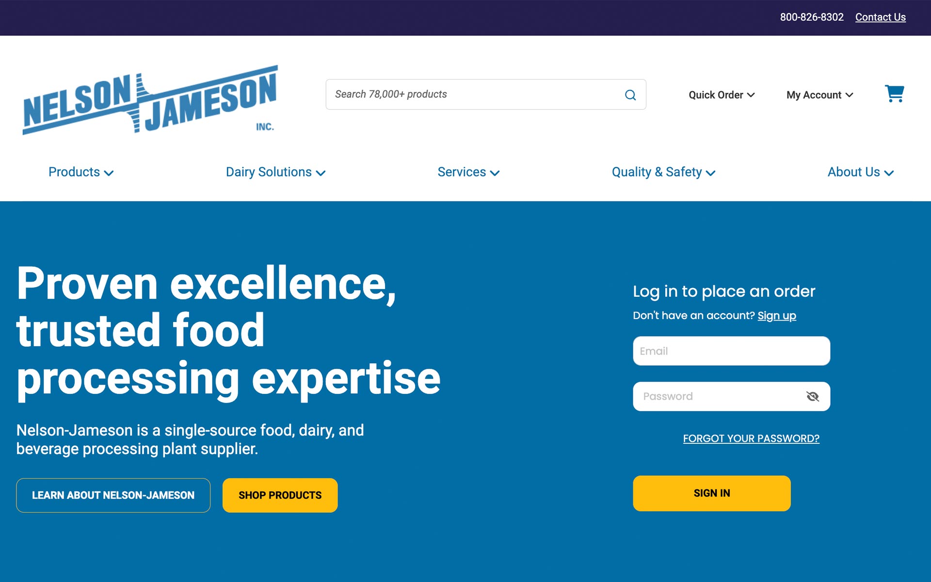 Homepage of Nelson-Jameson with blue area with login, search and navigation, with ability to add products to cart 