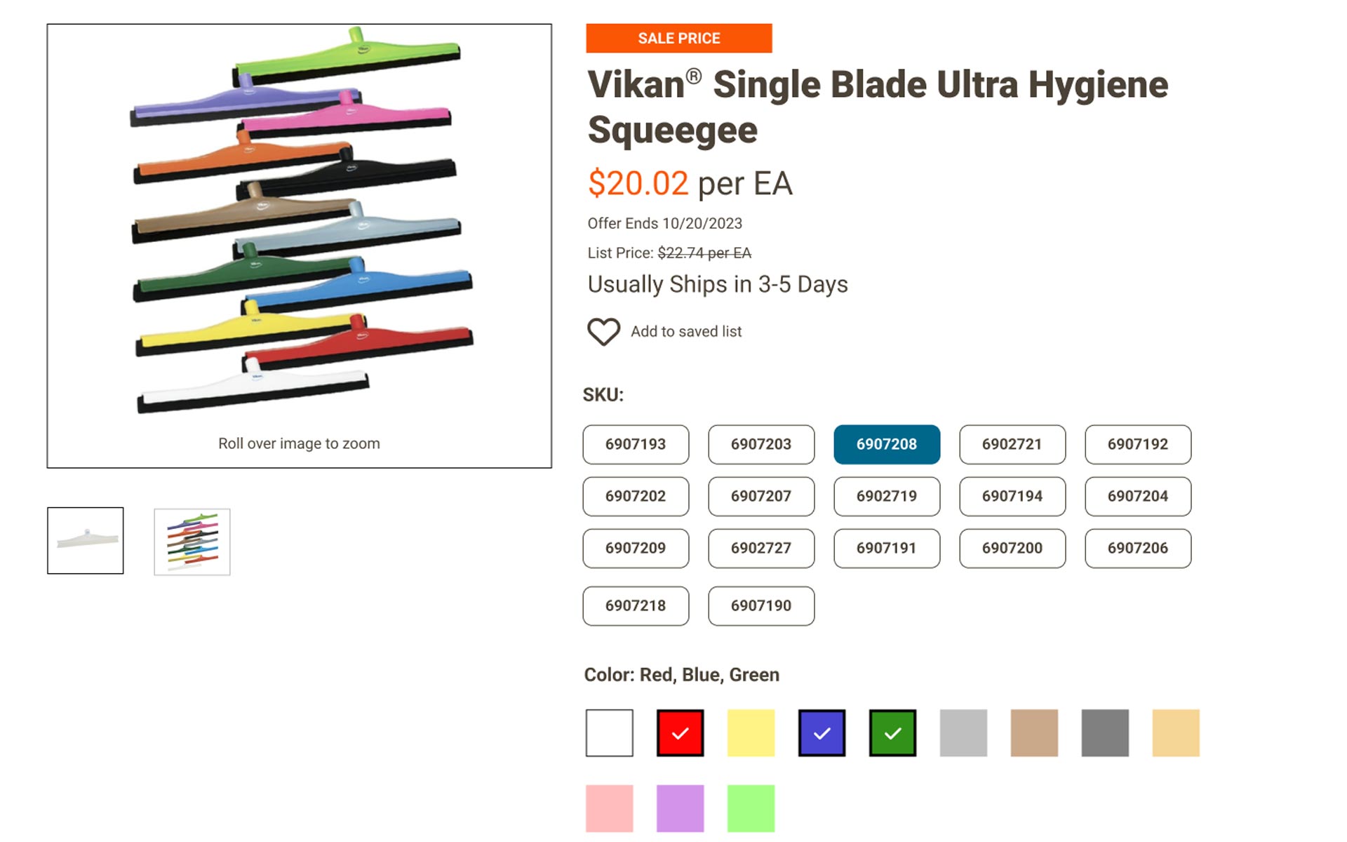 Vikan Single Blade Ultra Hygiene Squeegee products details wtih price, skus, colors, and shipping details