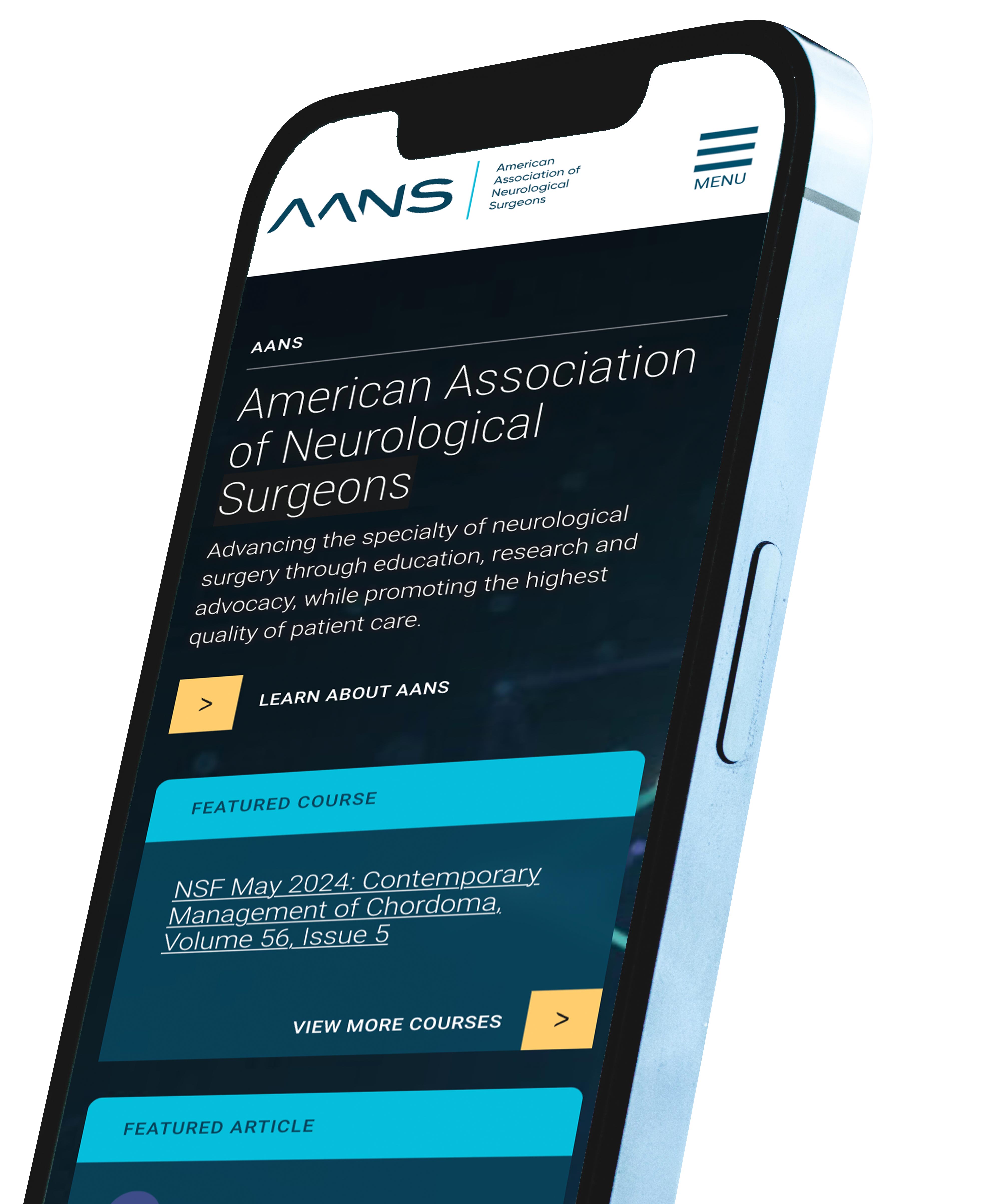 AANS homepage displayed on a mobile phone with dark and blue colors.