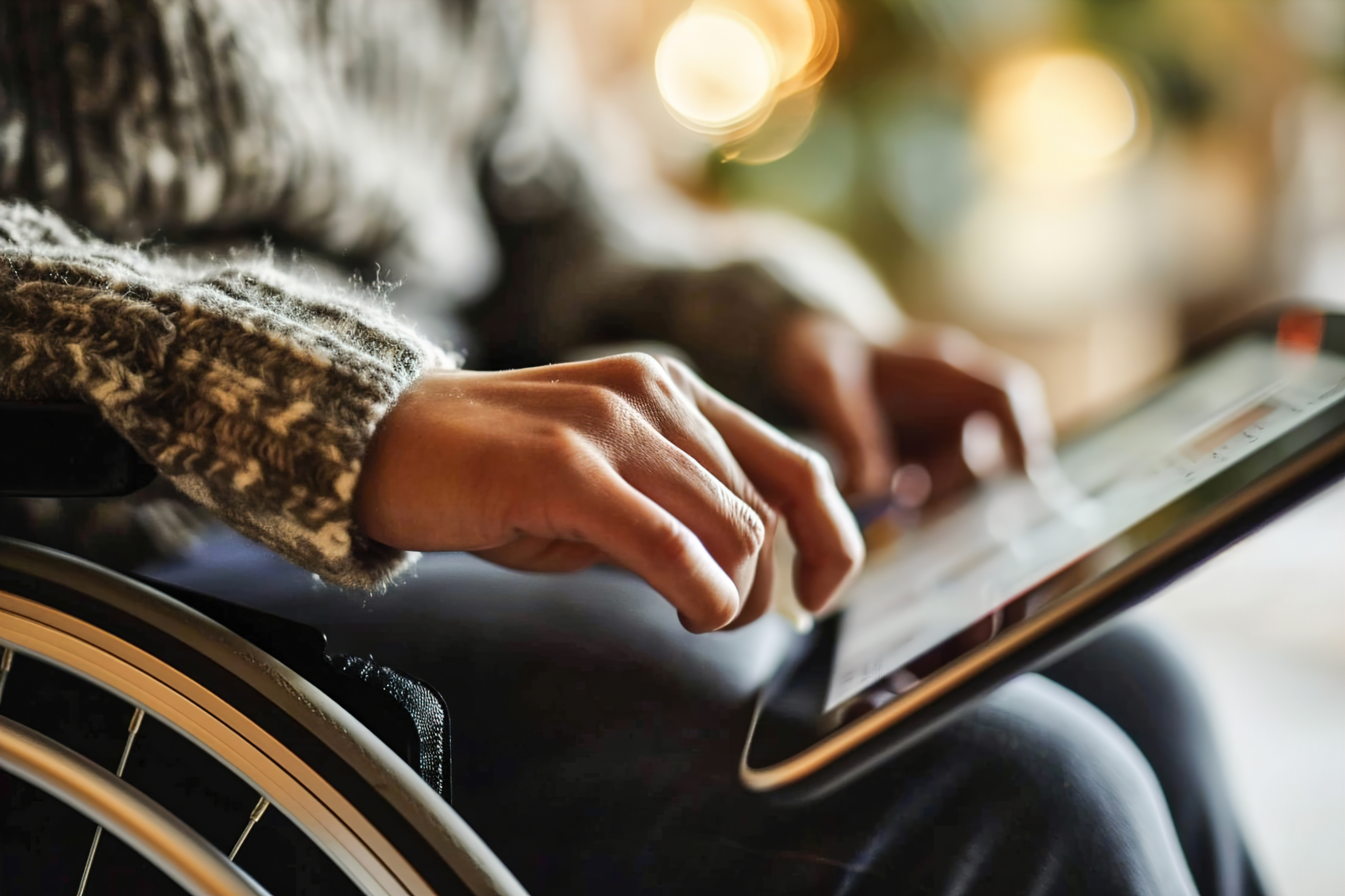 Person tapping a tablet in a wheelchair