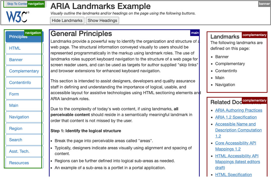 Aria Landmarks on an example page by W3