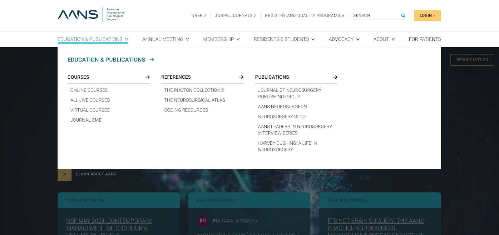 Screenshot of AANS website showing mega menu