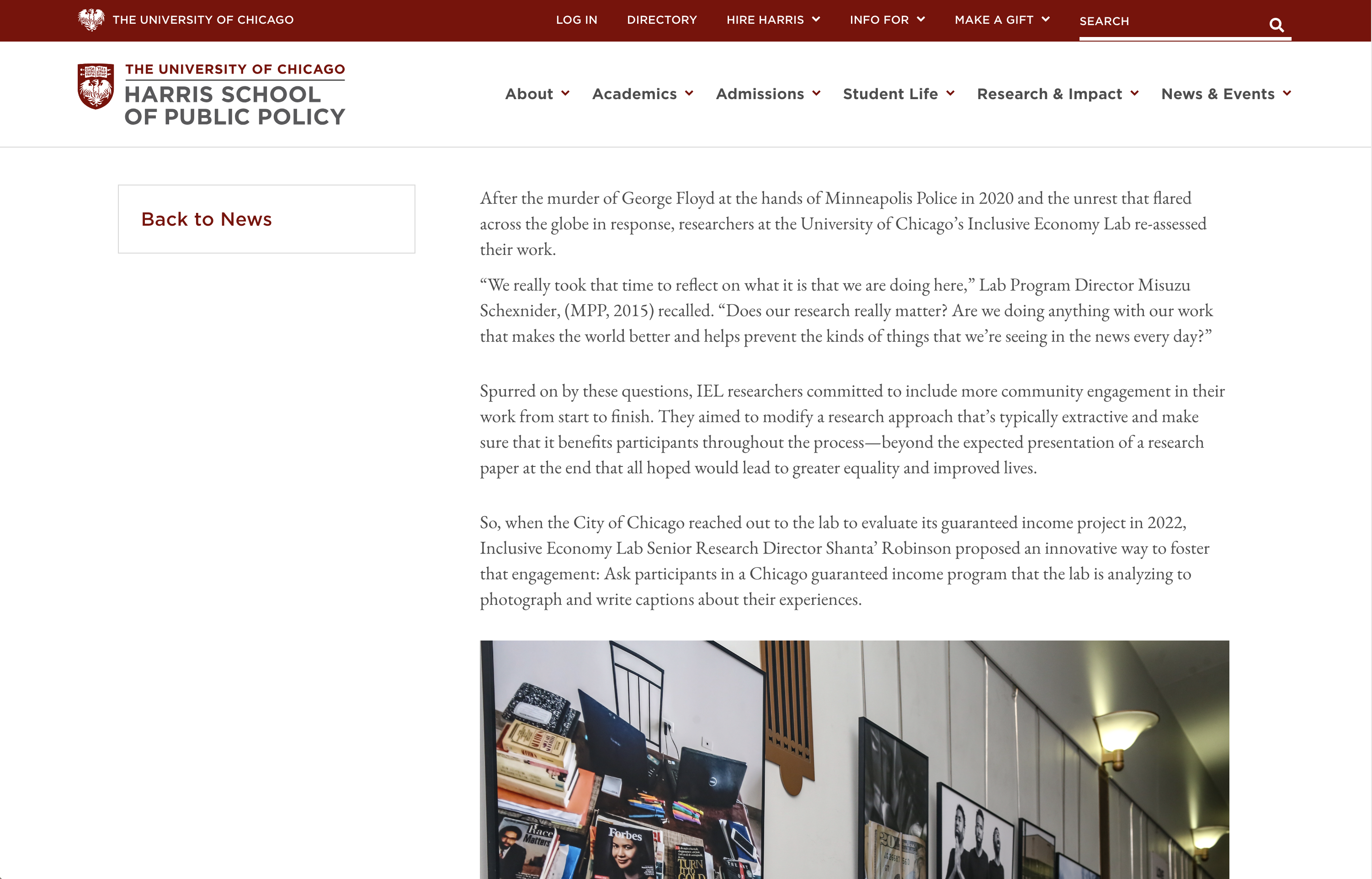 Screenshot of the University of Chicago Harris School of Public Policy webpage displaying a news article. The text area is set within an optimal width, 800 pixels, which enhances readability by preventing excessively long lines of text. 