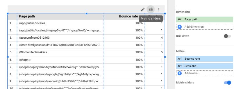 Looker studio bounce report highlighting metric sliders