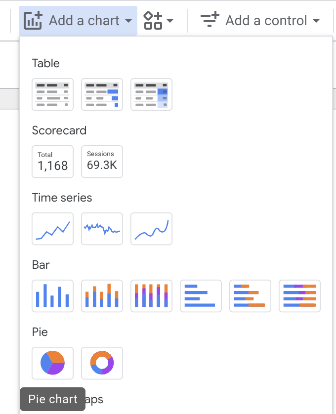 Looker studio add chart dropdown showing pie chart