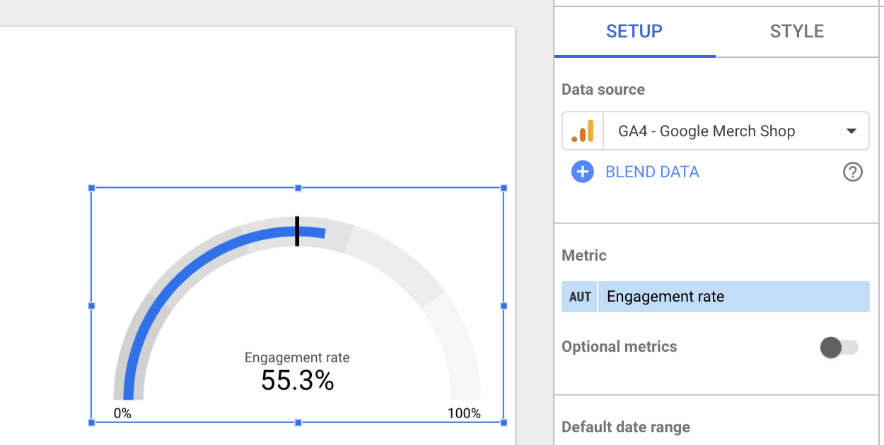 Looker studio chart setup panel for gauge with ranges