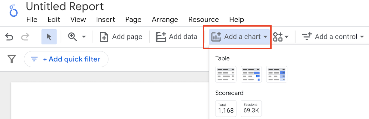 Looker studio new report highlighting add a chart feature