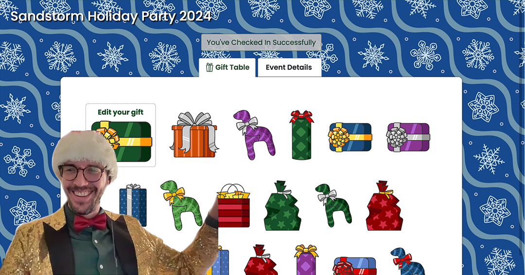 Nathan in a sparkly gold jacket, red bow tie, green shirt and santa hat weatherman style over a screen showing the wrapped gifts