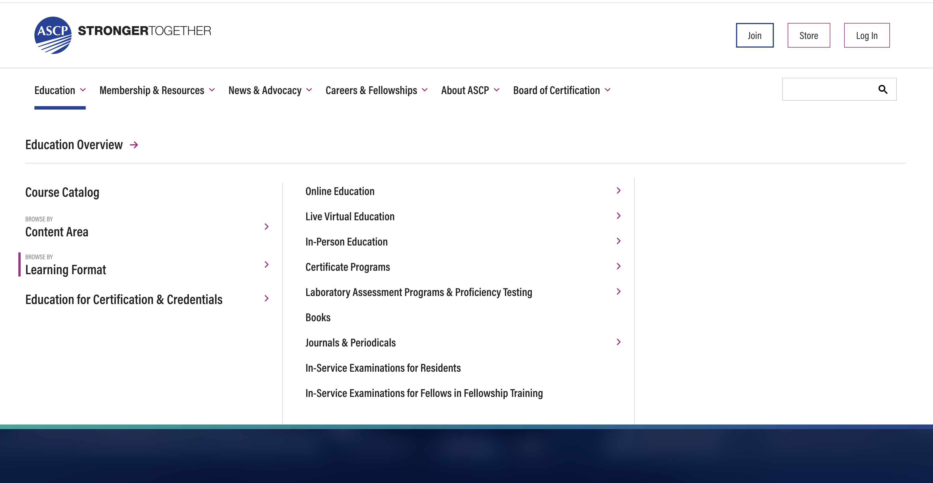 The American Society for Clinical Pathology (ASCP) mega menu screenshot
