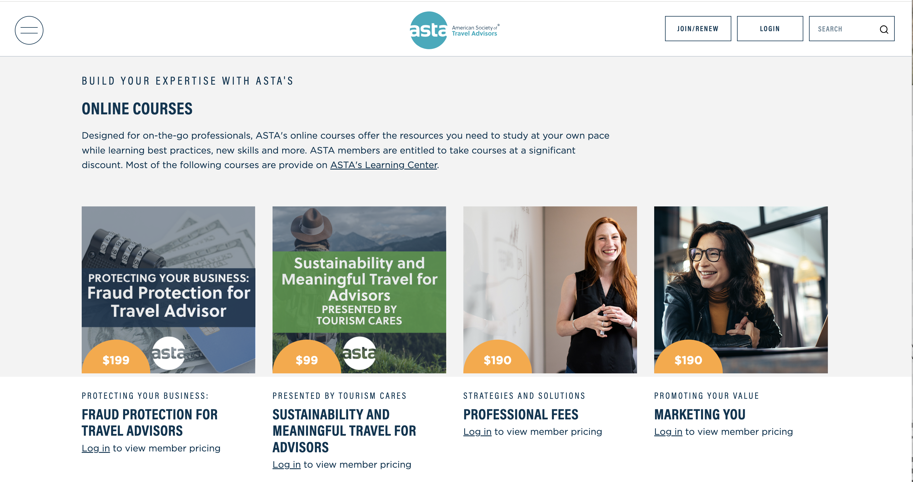 The American Society of Travel Advisors (ASTA) Online course page screenshot