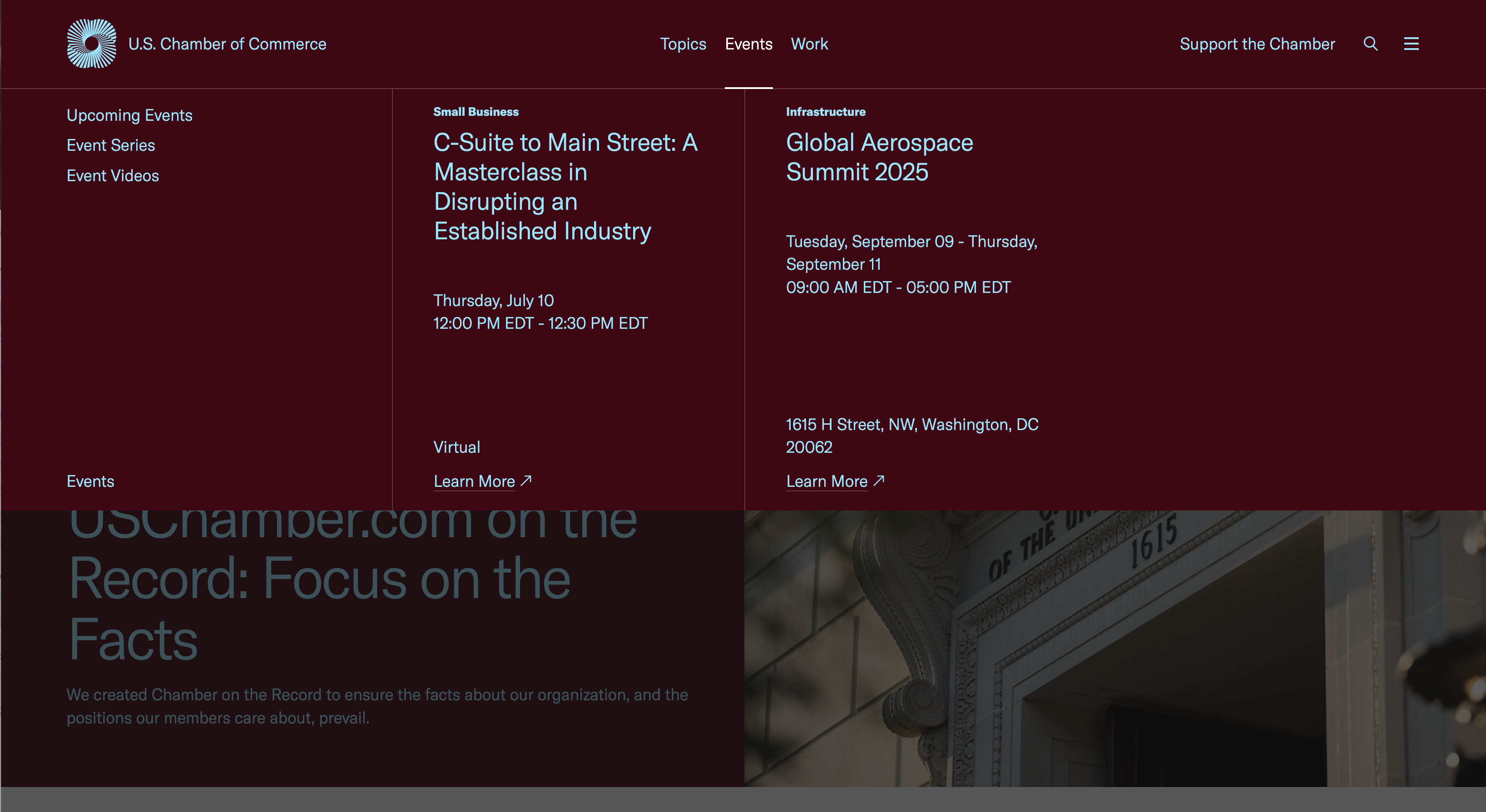 U.S. Chamber of Commerce Event menu screenshot