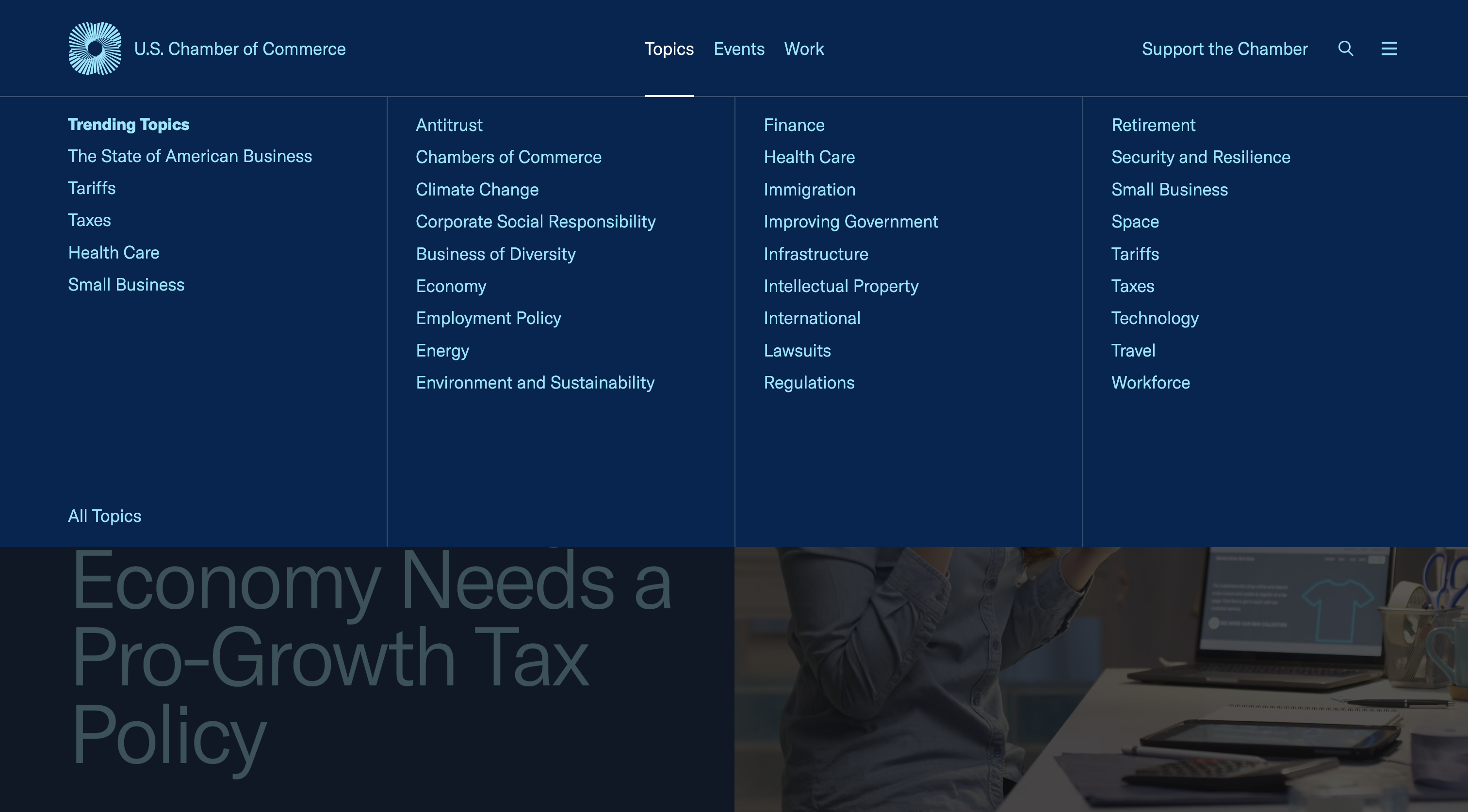 U.S. Chamber of Commerce topics mega menu screenshot