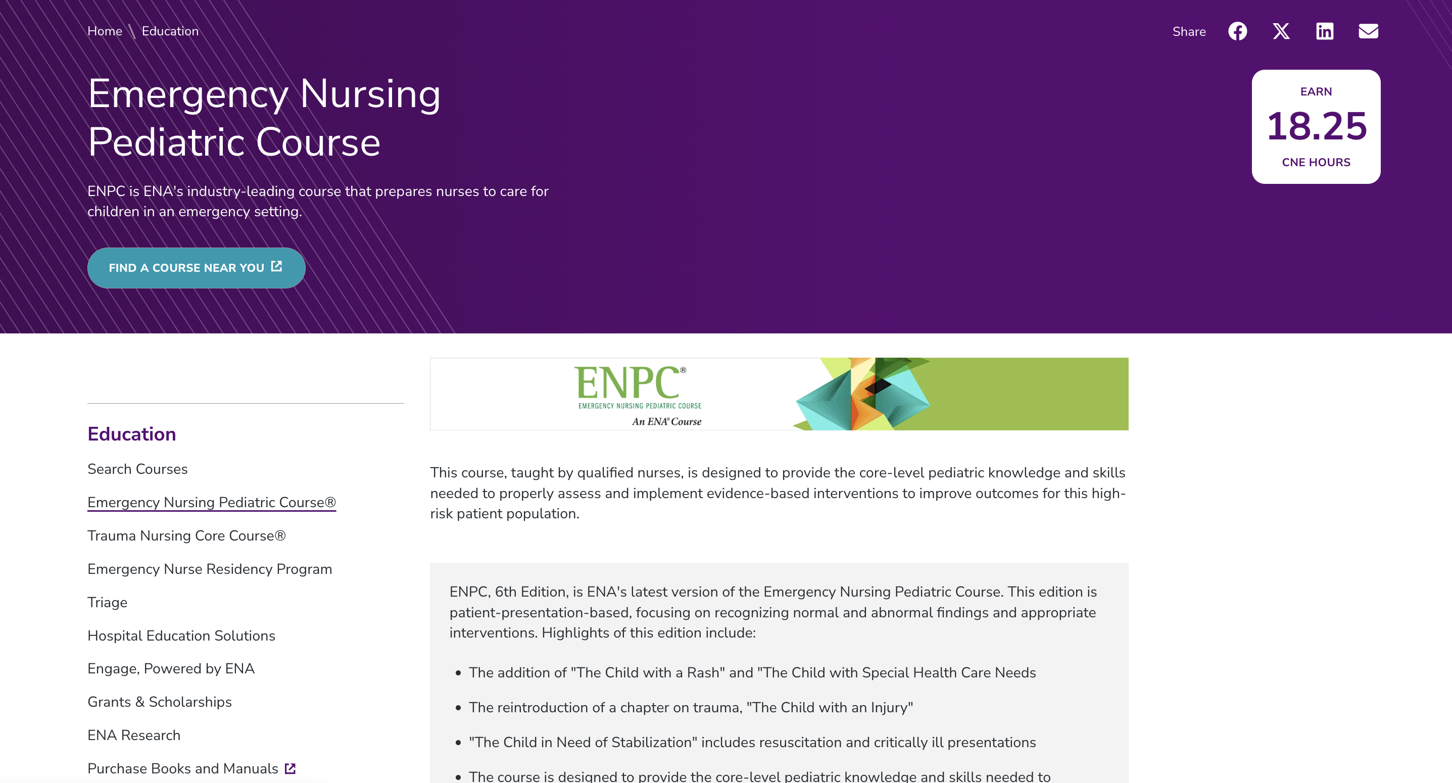 Emergency Nurses Association (ENA) Course page screenshot