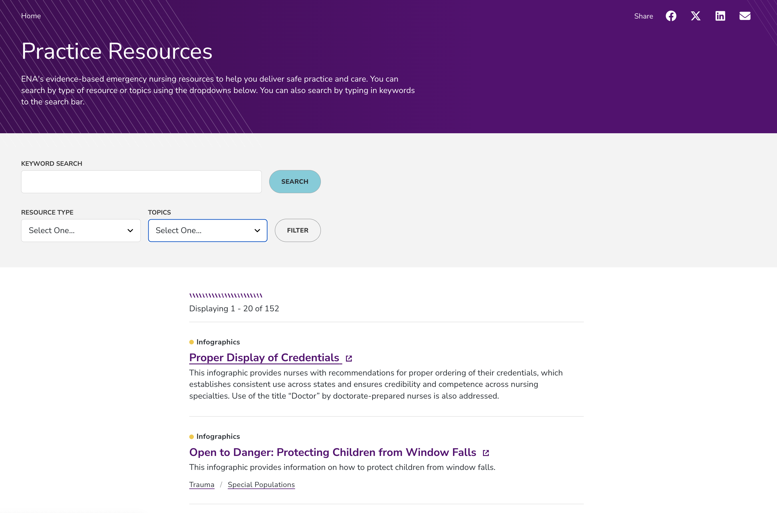 Emergency Nurses Association (ENA) Practice resources screenshot
