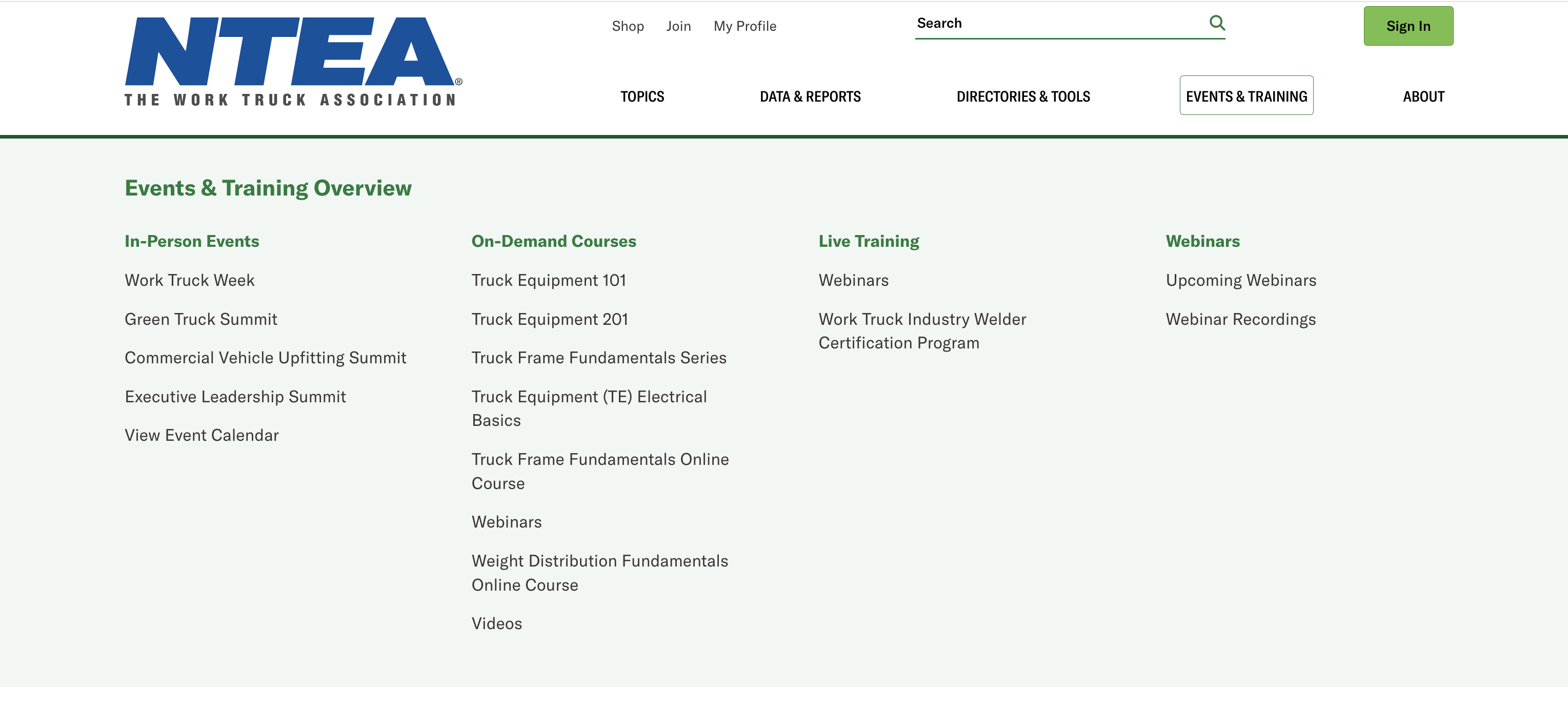 The National Truck Equipment Association (NTEA) mega menu screener
