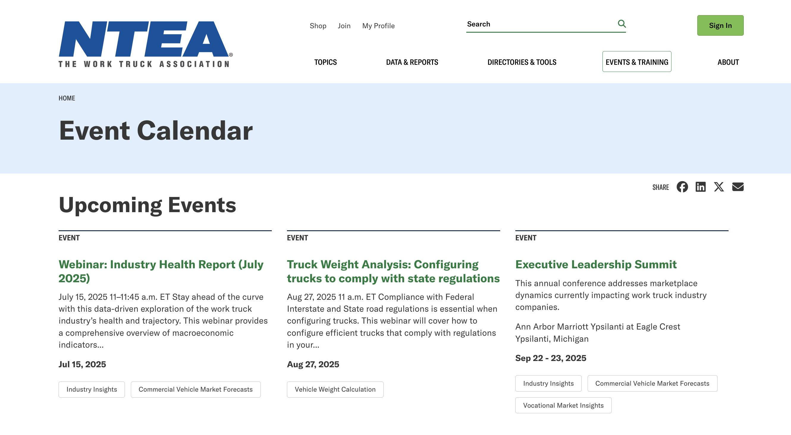 The National Truck Equipment Association (NTEA) Event calendar screenshot