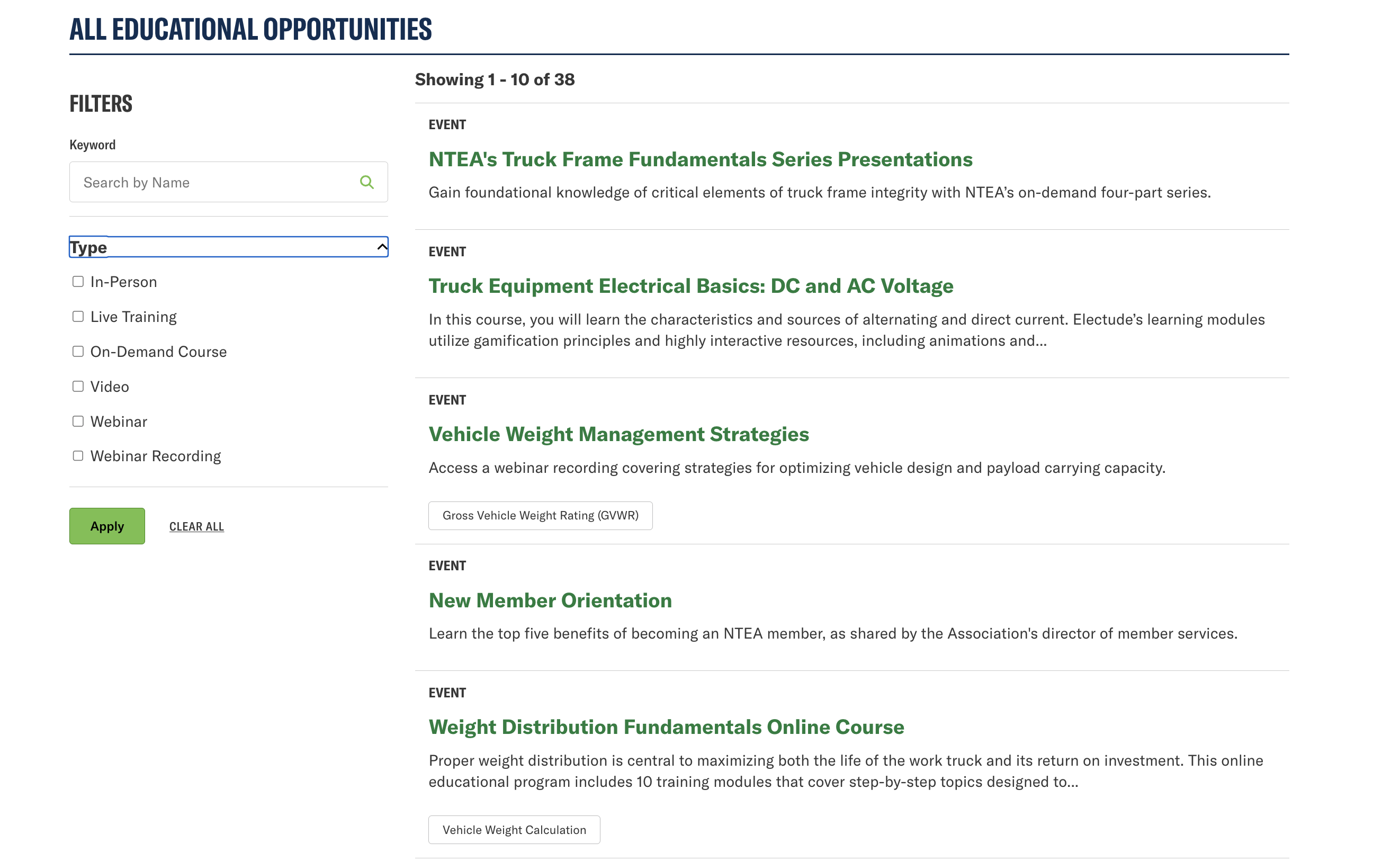 The National Truck Equipment Association (NTEA) Education opportunities screenshot