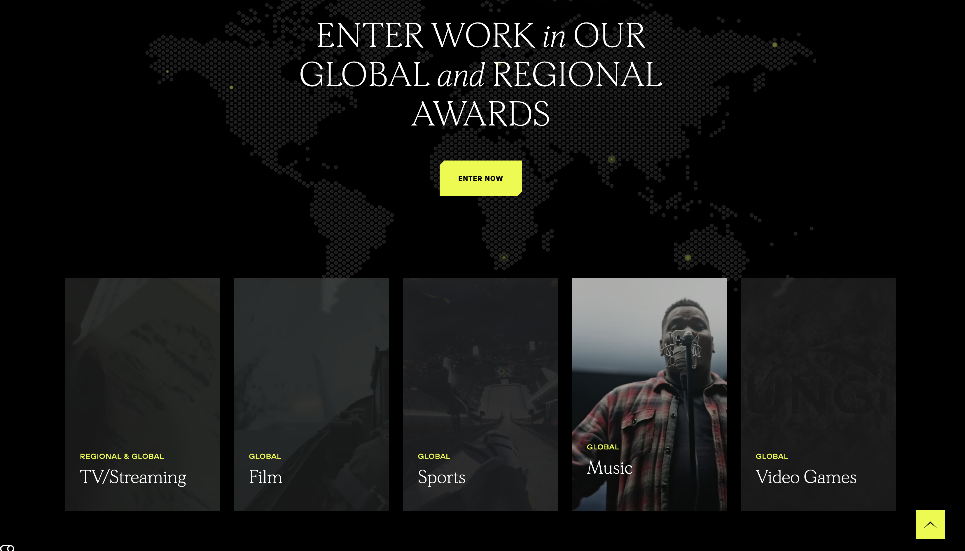GEMA awards section with a bold black and neon design, featuring global categories. On hover, the tiles become full color, as demonstrated with the Music tile showing a vocalist at a mic. This technique highlights the brand’s focus on creativity and entertainment storytelling.