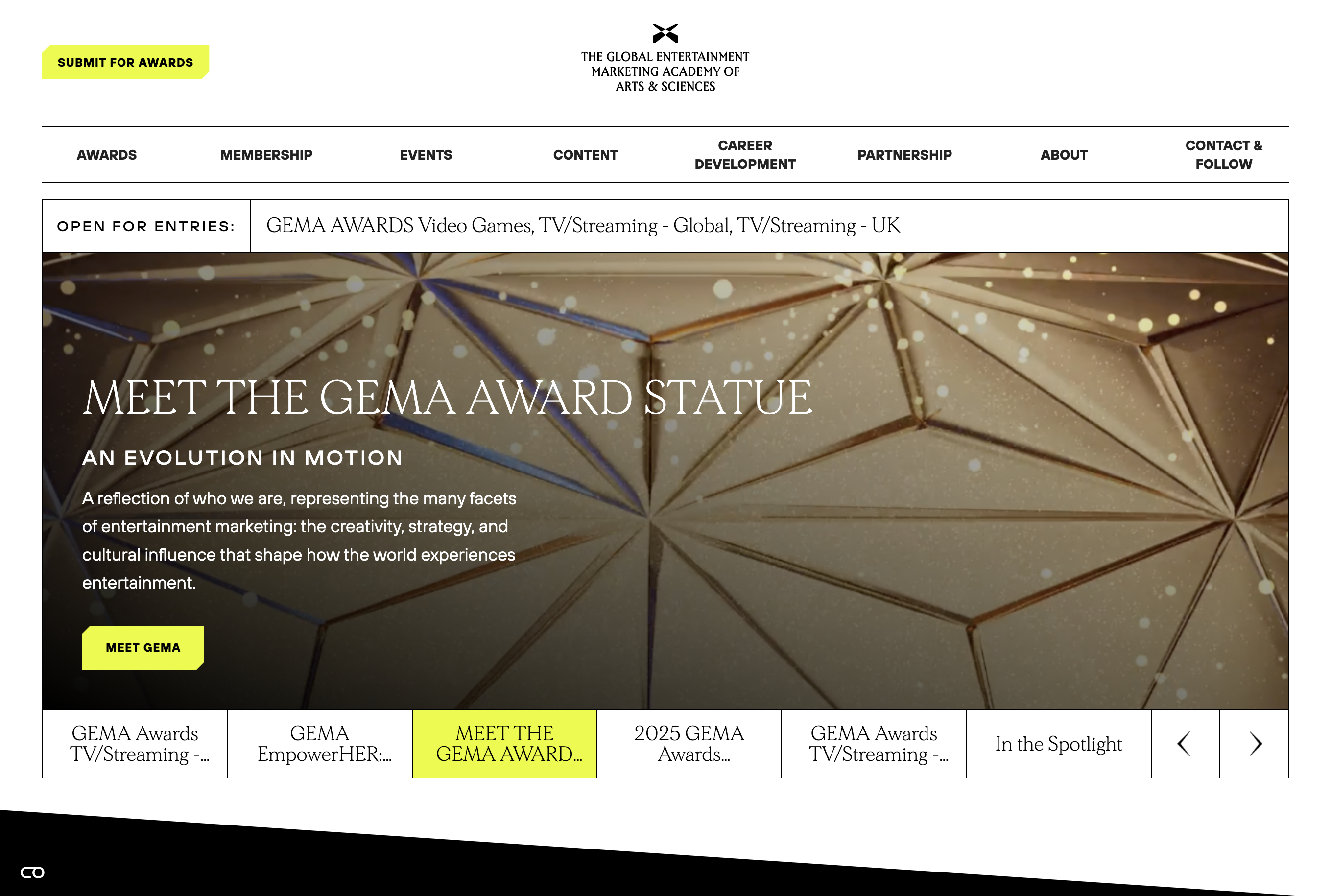 Hero image with geometric gold GEMA Award statue and headline text introducing the award.