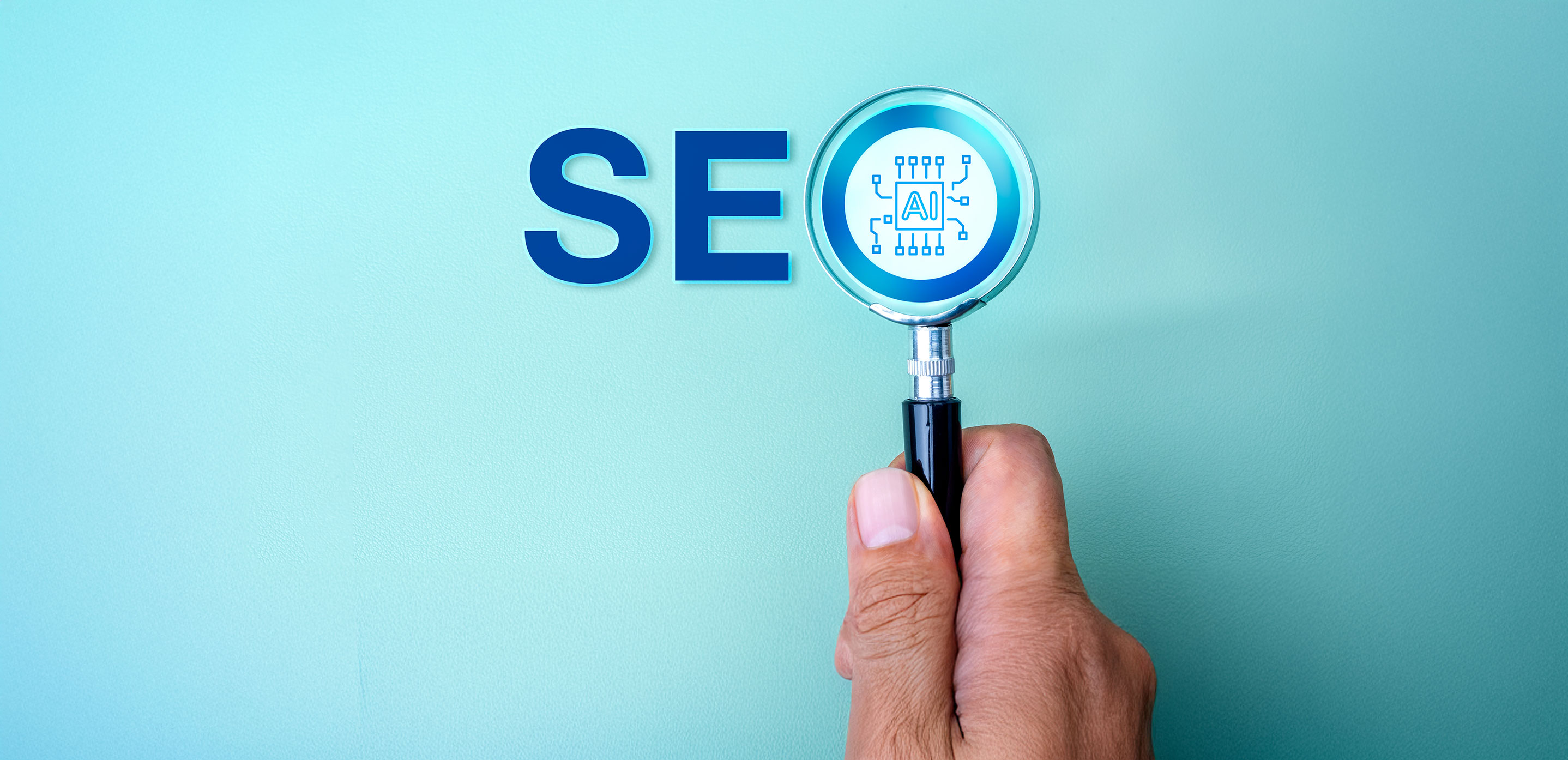 SEO optimization, search engine marketing, with Artificial intelligence assistant tools technology concept. AI chip focused in magnifying glass lens in people hand, with text SEO, on blue background