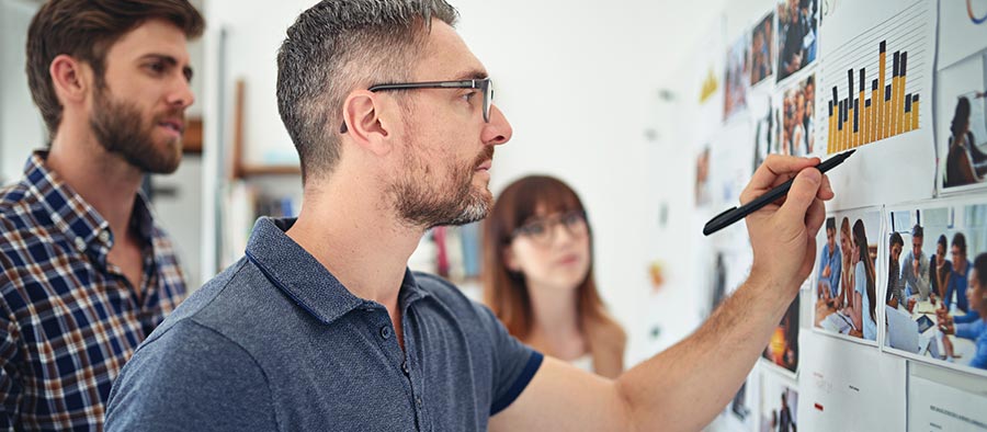 Diverse group at a whiteboard executing marketing decisions