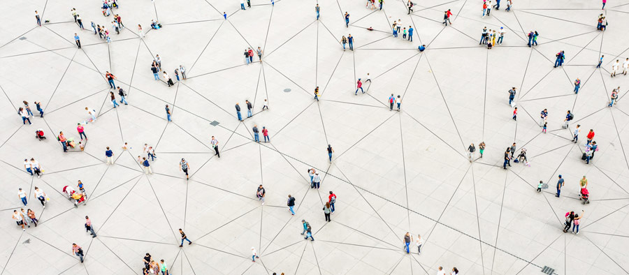 Aerial view of crowd connected by lines