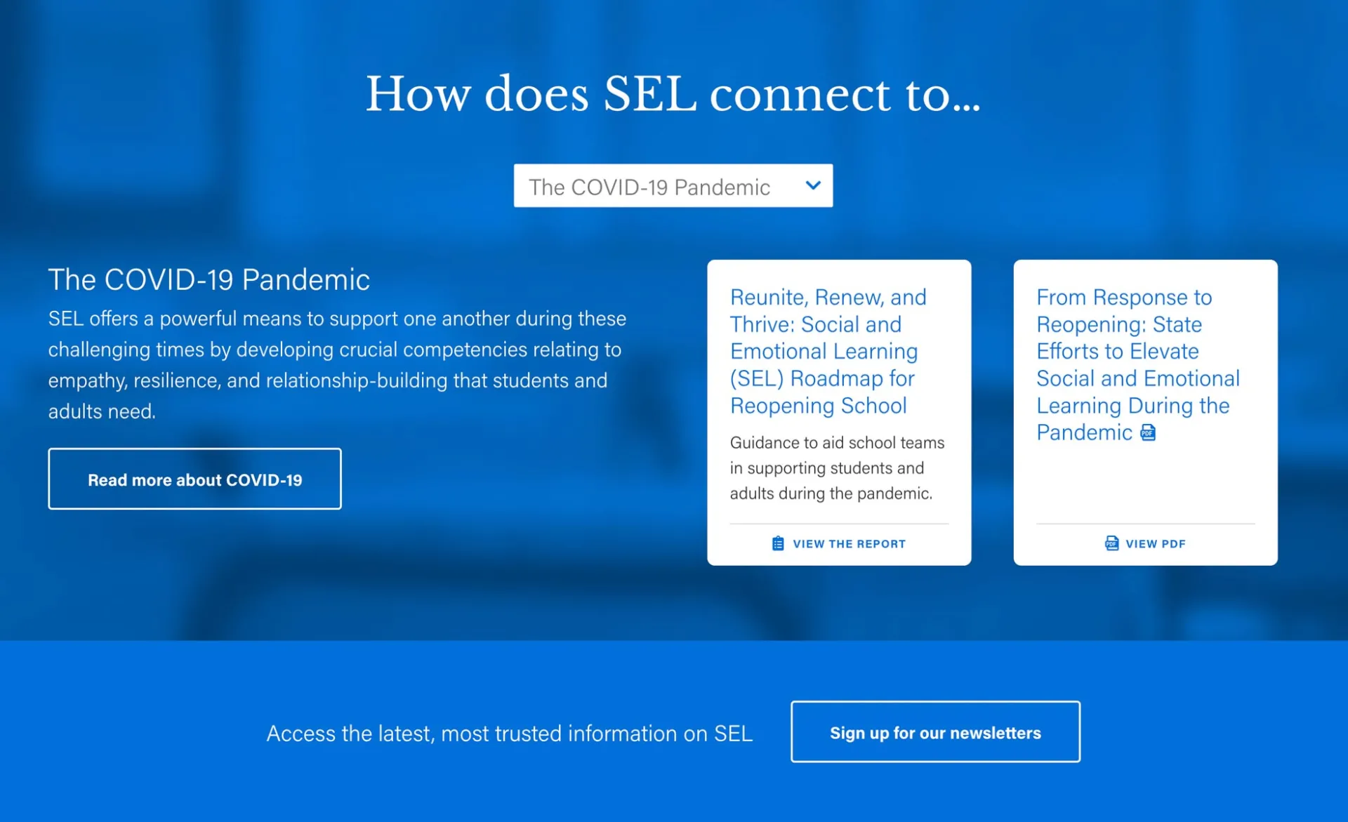 casel website showing how SEL connects to various topics