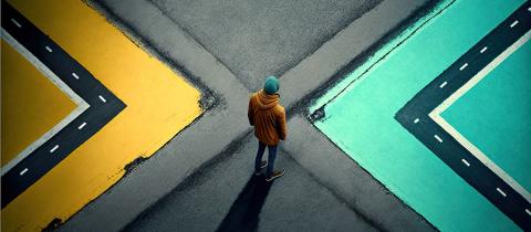A man stands at the crossroads of two roads